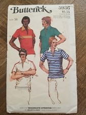 Vintage 1970's Butterick 5936 Men's Disco Polo Shirt 3 Styles Pattern Size 36