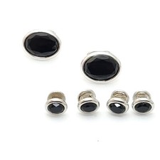 Faceted Black Oval Cufflinks and Shirt Studs Silver Tone Tuxedo Wedding Suit