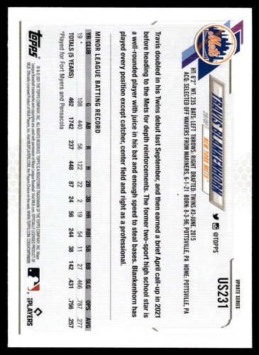2021 Topps Update GOLD FOIL Travis Blankenhorn Rookie New York Mets #US231 - Picture 2 of 2