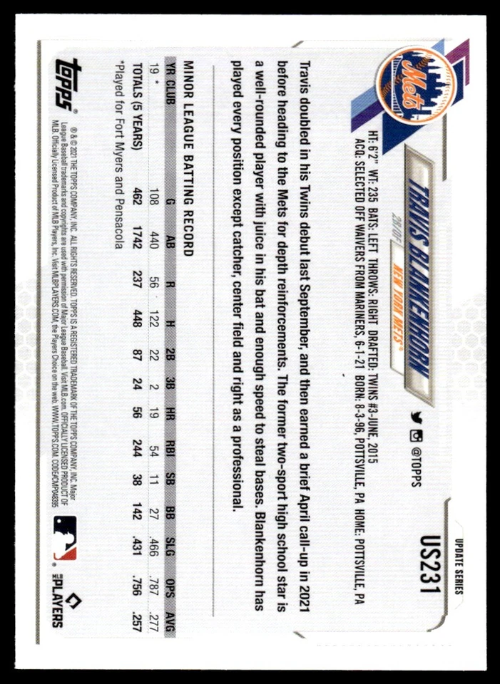 2021 Topps Update GOLD FOIL Travis Blankenhorn Rookie New York Mets #US231 - Image 2 of 2