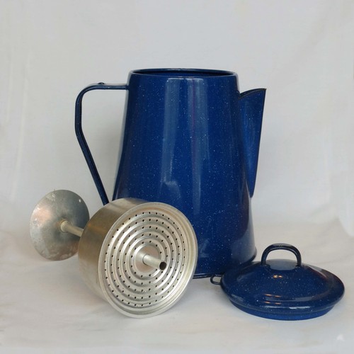 Blue speckled enamelware coffee pot with coffee basket - Picture 2 of 2