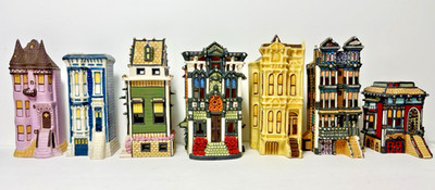 Collection of Mini San Francisco Painted Ladies Porcelain Houses Artist Signed