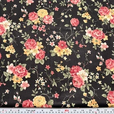 Vintage Peter Pan Fabrics Florals on Black Polished Cotton by the HALF YARD