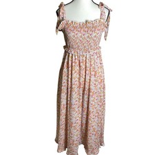 MVN THE LABEL Women Orange Pink Floral Smocked Tie Shoulder Maxi Dress US 4 S
