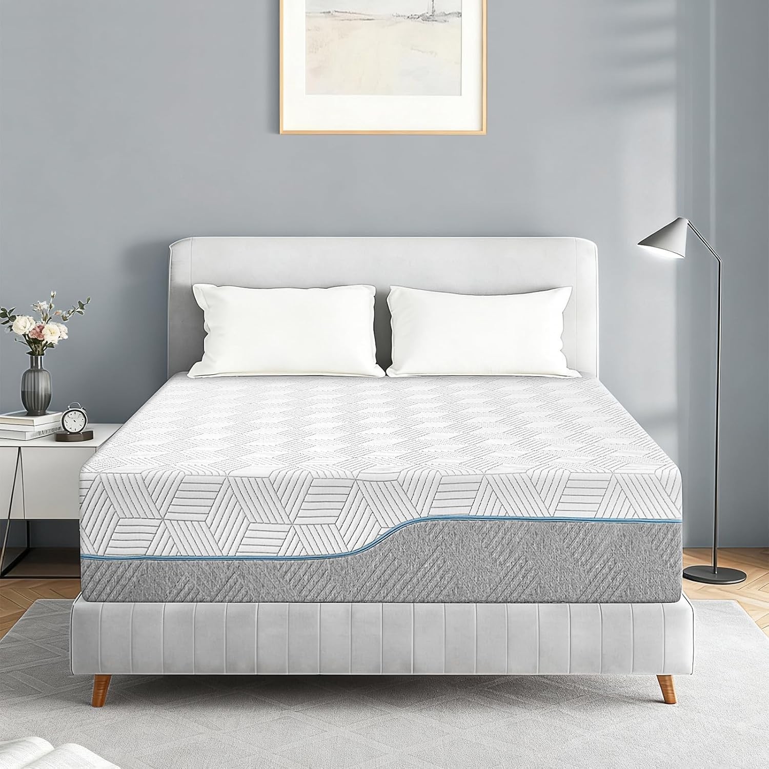 Mattress King 16 Inch Plush Soft with Silk Cover,Cool Green Tea/Gel Memory Foam