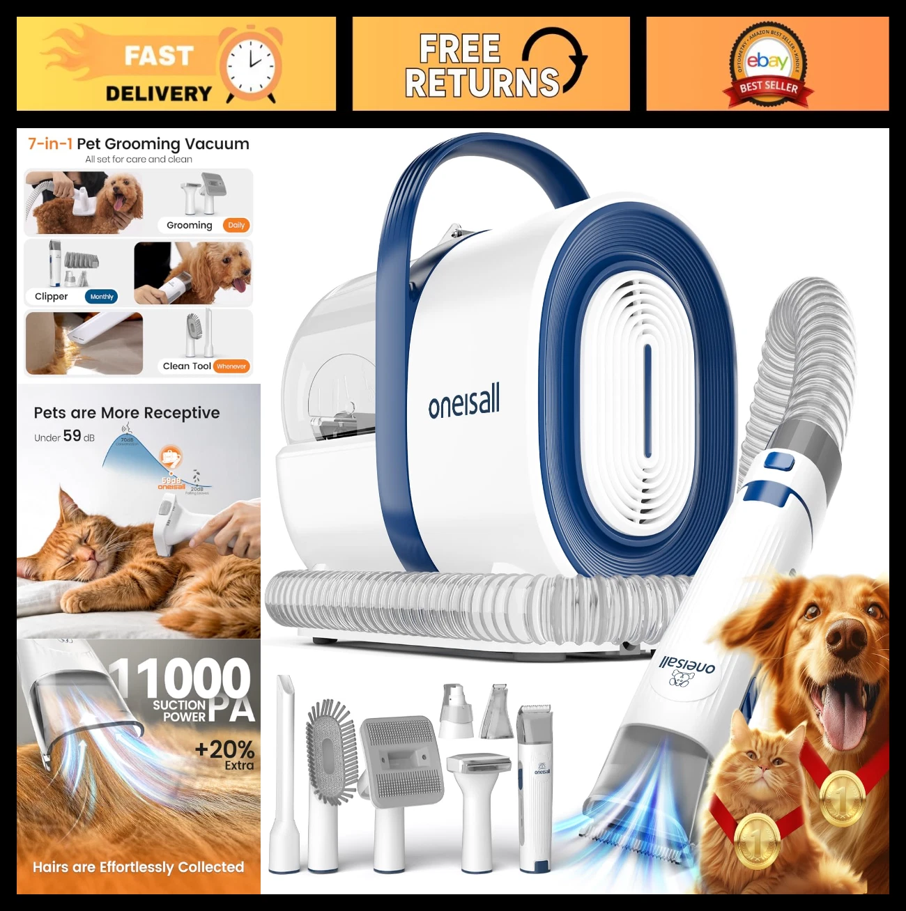 Pet Grooming Vacuum with Clipper & Nail Grinder, 1.5L Dust Cup, 7 Tools for Shed
