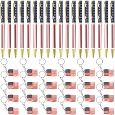 New 48 Pcs Independence Day Metal Ballpoint Pens American Flag Keychain Set Gold