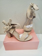 New Allegra K Women Open Toe Ankle Tie Back Chunky Heel Sandals, Size 6.5, Beige