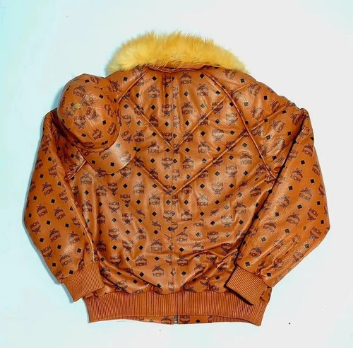 MCM Cognac Monogram Leather Puffer Jacket w/ Fur Collar + Matching Hat - Picture 2 of 3