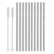 Set of 10 Metal Drinking Straws for Tumbler Cocktail with Cleaning Brushes