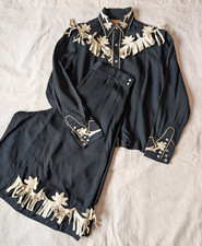 California Ranchwear Vintage 40s 50s Women's Black Rayon Rodeo 2pc Set Fringe SM