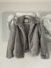 George Grey Faux Fur Fluffy Long Sleeve Coat Jacket S 8-10