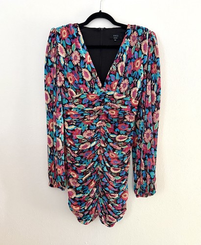 VICI Floral Multicolor Ruched V-Neck Mini Dress Groovy Size Medium