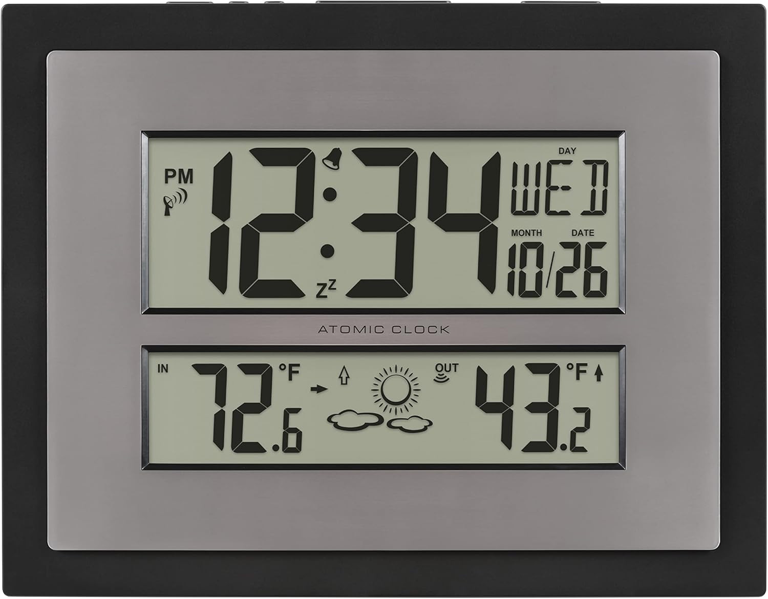 Atomic Digital Wall Clock with Temperature & Forecast - Gray/Silver