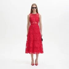 SELF-PORTRAIT Red Floral Lace High Neck Midi Dress Party Holidays Coquette 8