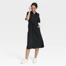 A New Day Linen Black Button-Up Midi Dress Size XS