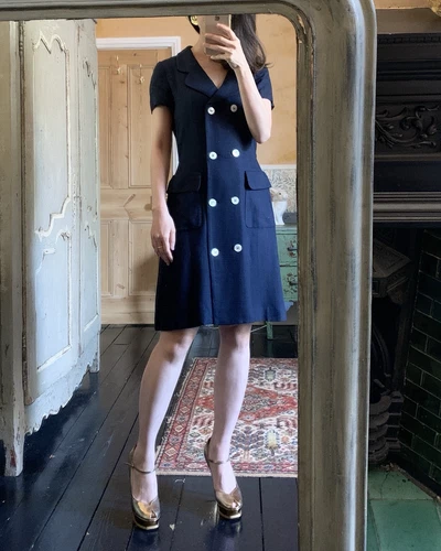 Abito doppiopetto Moschino economico e chic in lino navy con fiocco e tasche taglia S