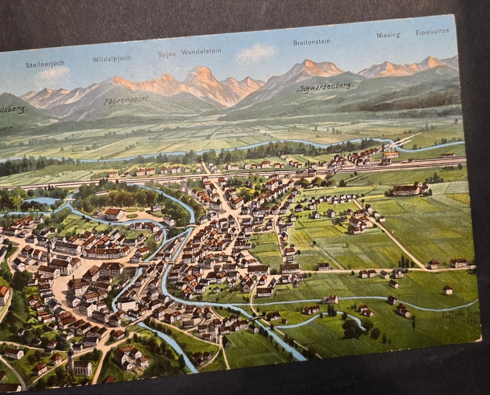 Mapa postal vintage de los Alpes suizos a color hoja sin cortar de 3 paneles vista de pájaro Foto 3 de 4
