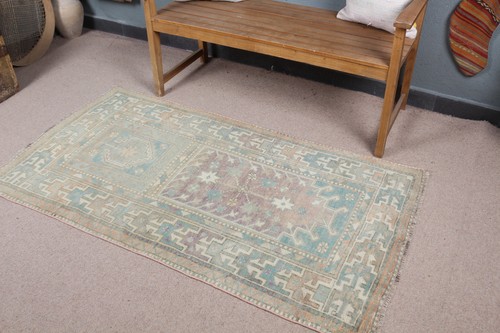3,1x5,7 ft Turkish Rug, Blue Polka dot Vintage Wool Rug