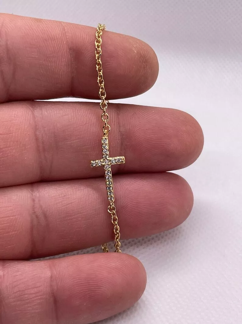 Dainty Sideways Cross made with Swarovski Crystal Religious Gold Chain  Bracelet | eBay