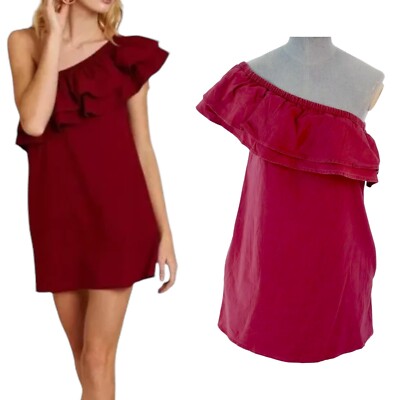 Burgunder Sommerkleid One Shoulder Mini Rüschen Rot Baumwolle Party Gr. XS
