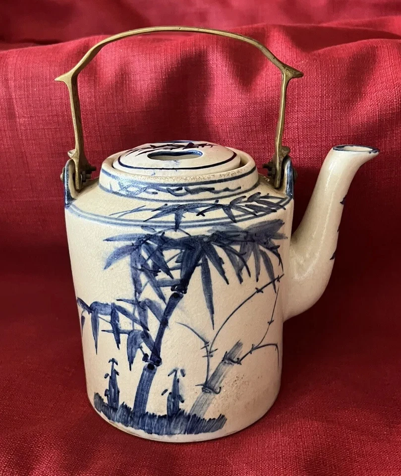 Dirty Dish Tea Kettle Solid Brass Handle Bamboo Handpainted England Antique RARE - Image 3 of 4