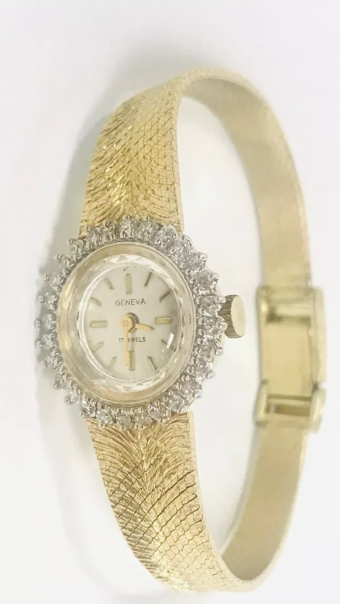 14K GOLD DIAMOND VINTAGE GENEVA Lady s watch eBay