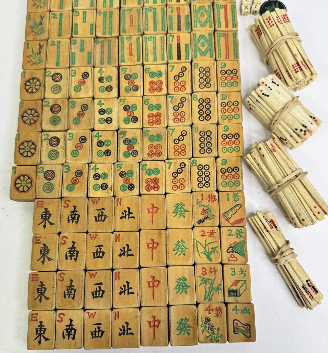 Antique Mah Jongg Set Complete 148 Tiles Bamboo Bone Plus Sticks Coins 03 Mj