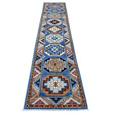 2'5"x11'8" Blue Hand Knotted Afghan Ersari Elephant Feet Wool Runner Rug R88932