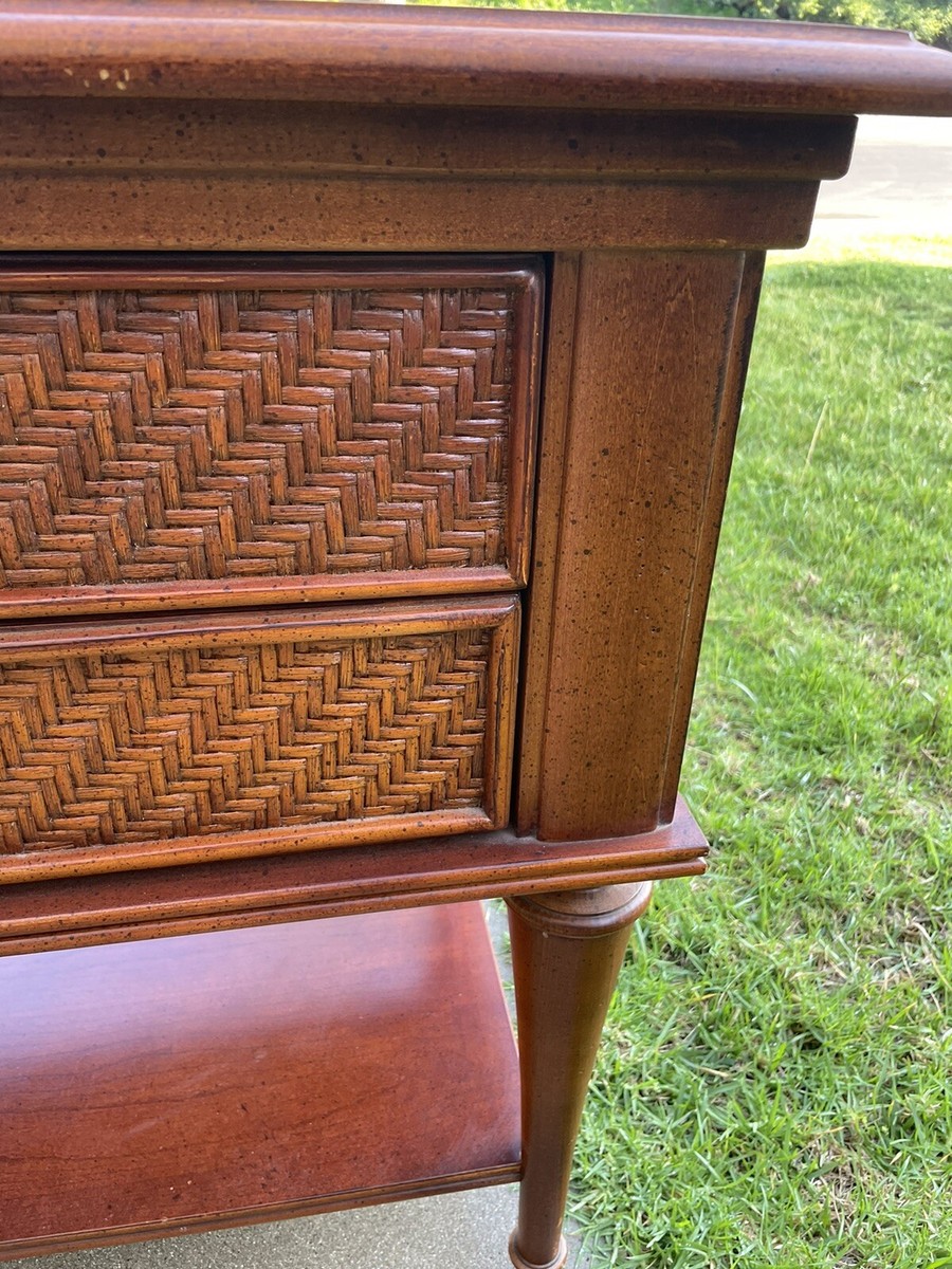 Vintage Stanley Furniture Wood Side Table with Wicker Drawers and