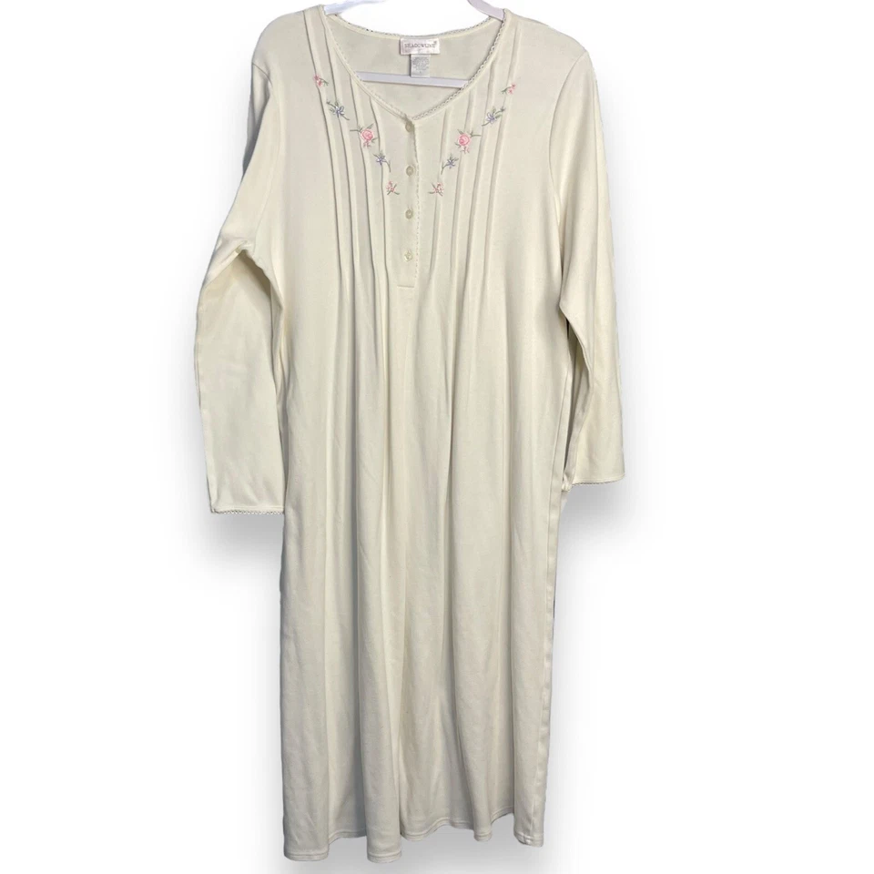 Shadowline Nightgown House Dress Women's Large Ivory Cream Floral Embroidered - Image 2 of 4