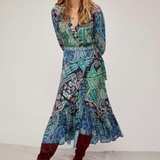 Farm Rio Anthropologie Amorina Tropical Floral Wrap Maxi Dress In Blue Motif S