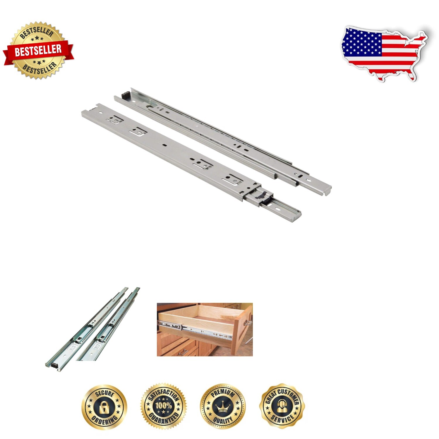 Set of 10 Full Extension 22-Inch Zinc Plated Drawer Slides - 100 lbs Support