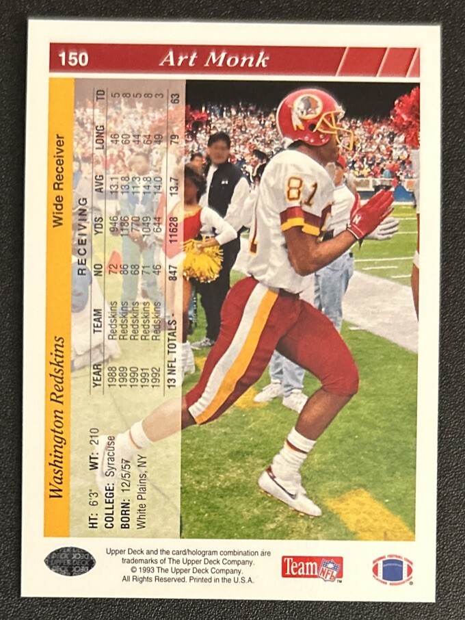 1993 Upper Deck Art Monk Football Card 150 Redskins WR NM eBay