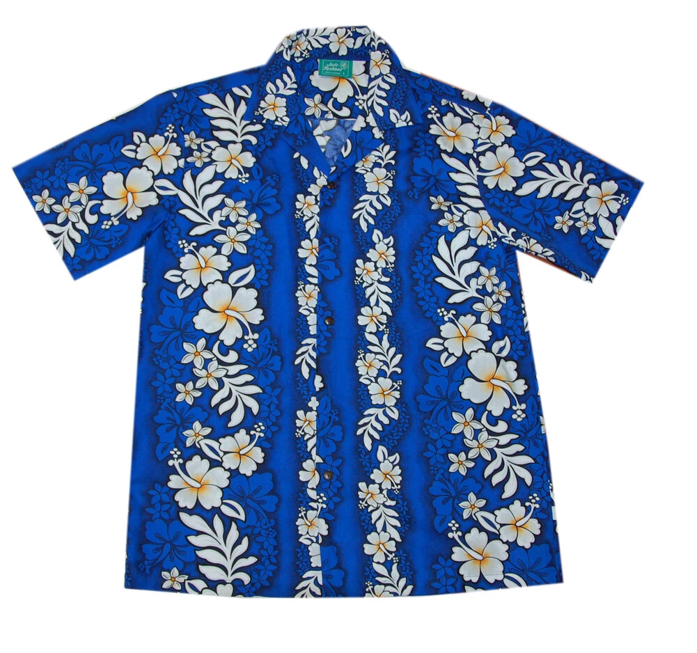 Men Cotton Hibiscus Plumeria Flower Classic Blue Aloha Hawaiian shirt-S-5XL