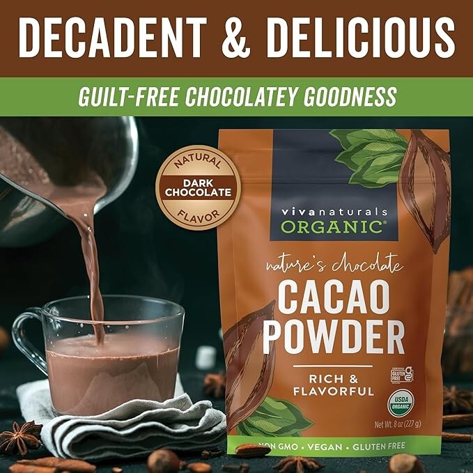 Organic Unsweetened Cacao Powder with Rich Dark Chocolate Flavor NEW