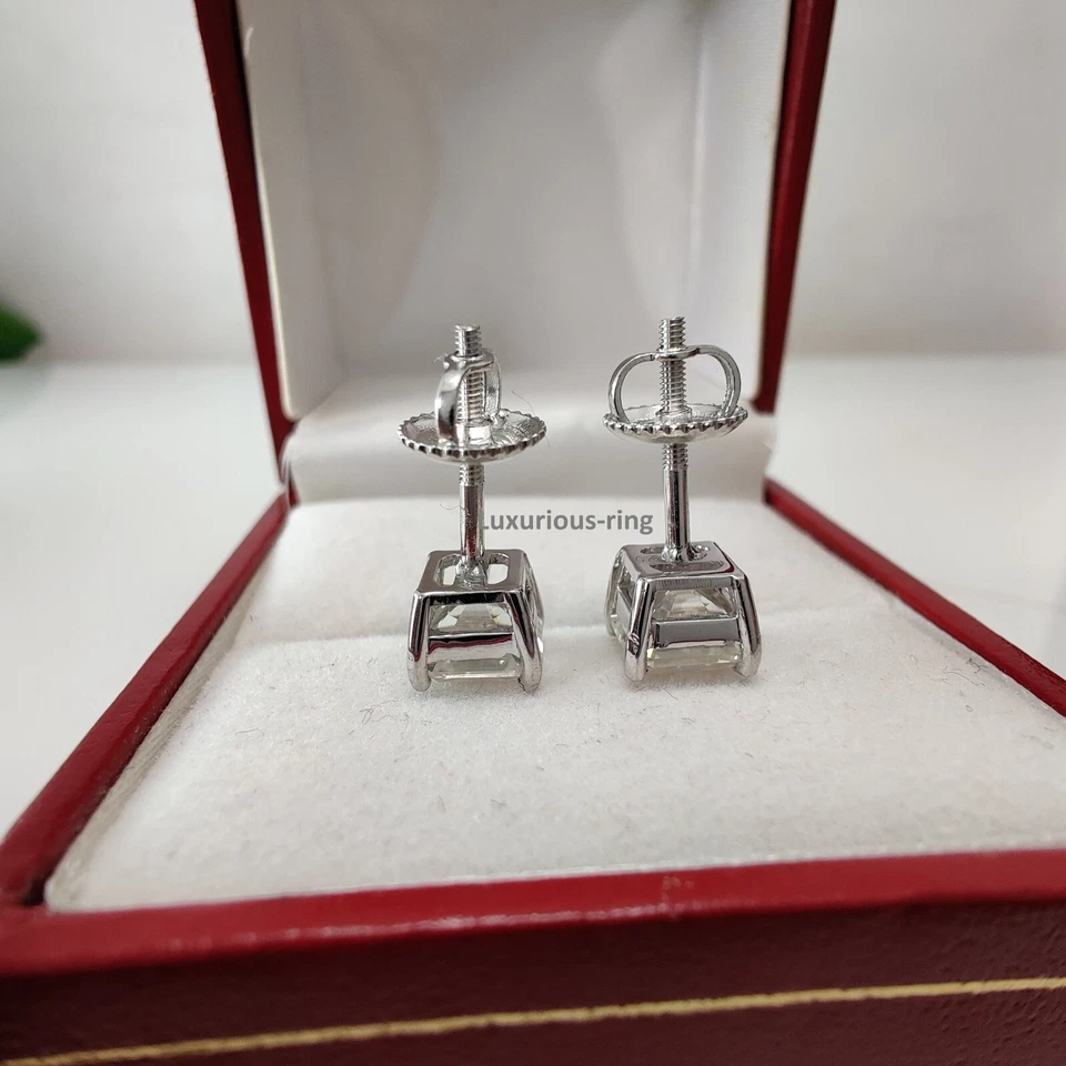 925 Silver Screw Back Earring 2Ct Asscher Cut White Moissanite Solitaire Earring - Image 4 of 4