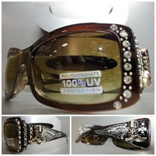 WESTERN Bling Rhinestone COWGIRL SUN GLASSES Brown Frame Rustic Gold Boot Concho