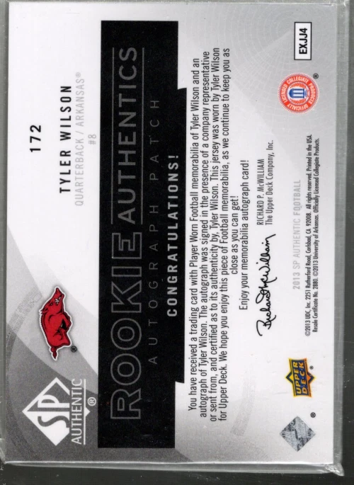 A2215- 2013 SP Authentic #172 Tyler Wilson Auto Jersey /325 SAMPLE PIC - Image 2 of 2