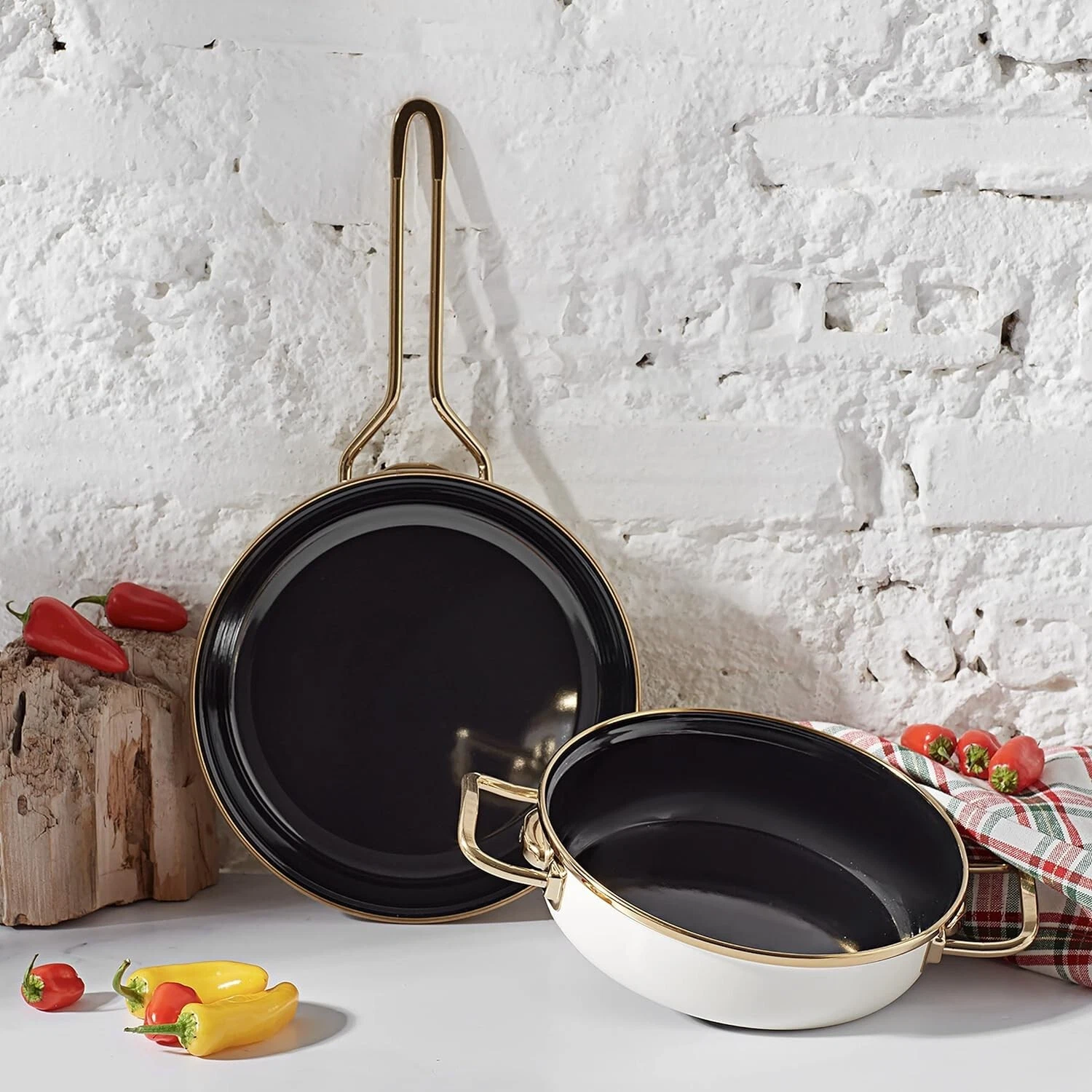 Retro Enamel Frying Pan and Shallow Frying Pan Set, 2 Pcs, White&Red, Non-Stick,