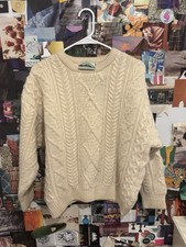 1980s Irish Handmade Pure New Wool Cable Knit Sweater Mens M