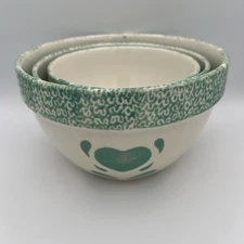SET OF 3 STONEWARE NESTING BOWLS WITH GREEN HEART PATTERN FREE SHIPPING