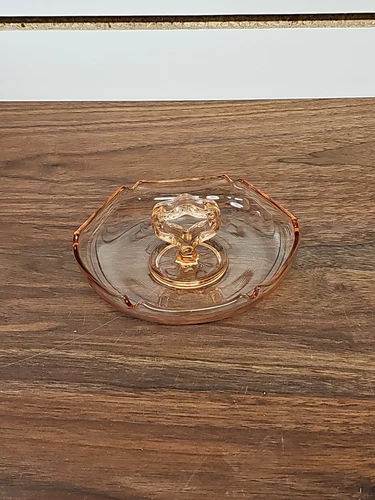 Vintage Depression Glass Hexagon Pink Handle Serving Candy Dish Etched Flower 6”