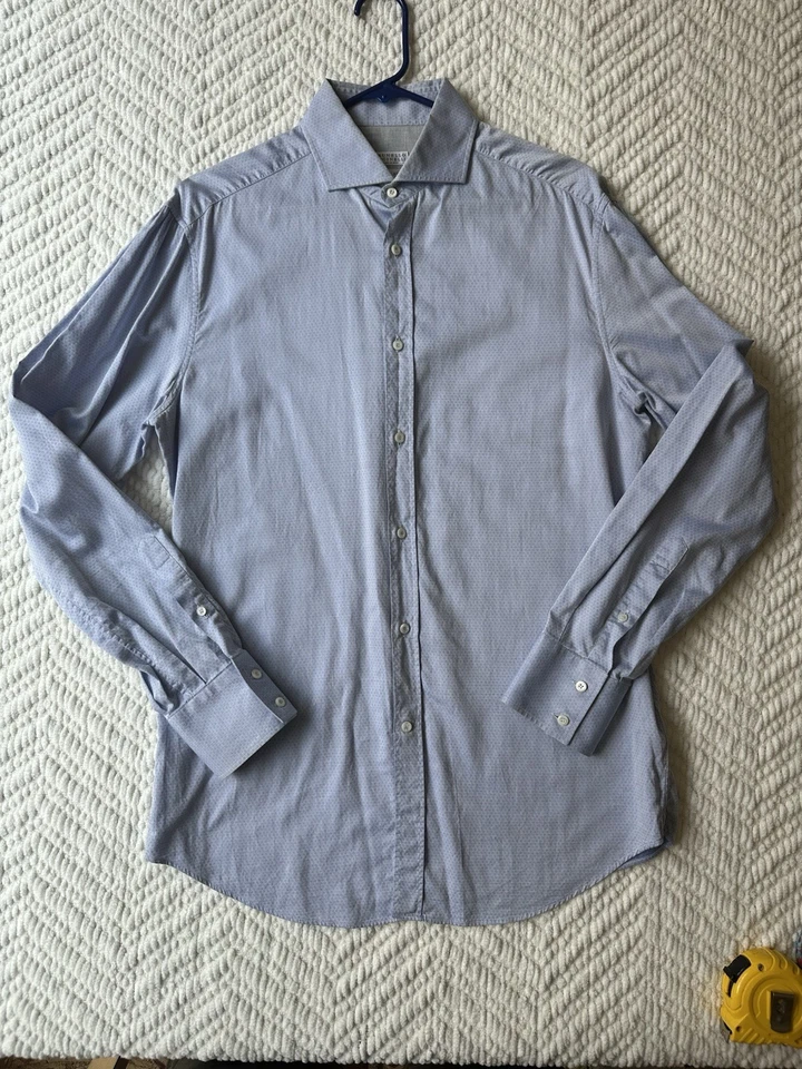 Brunello Cucinelli Dress Shirt Basic Fit Blue Dots Luxury Cotton 16 41 Lg L - Image 3 of 4