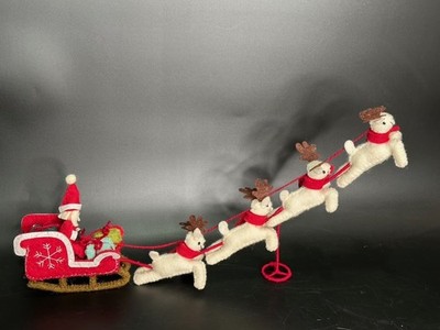Santa in Sleigh with Flying Reindeer Freestanding Plush Figure Wool / Felt 19.5''
