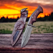 Custom Handmade Damascus Steel Bowie Hunting Knife Rose Wood Handle W/ Sheath