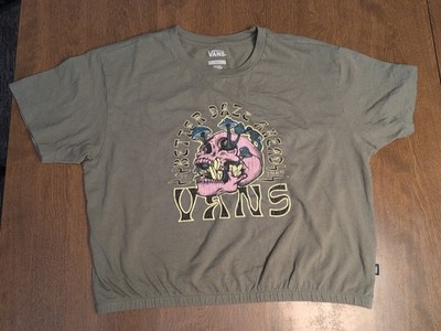 Vtg Vans L Crop Top Green Cotton Elastic Waist Skull Better Daze Skater Ski Logo