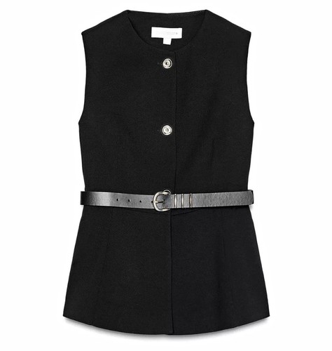 Zara Women's Black Sleeveless Button Front Belted Vest Jacket Size M