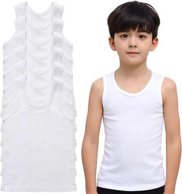 BAMU Kids 6 Pack Back to School Boys Girls 100% Cotton Vest Plain White Top Children