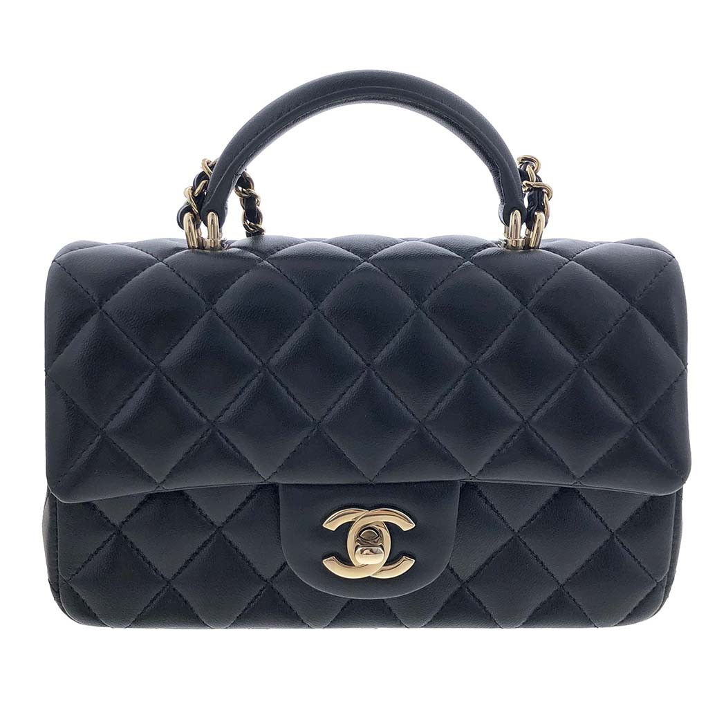 Chanel Mini Flap Bag Black Lambskin Top Handle Shoulder Pouch CF As2431